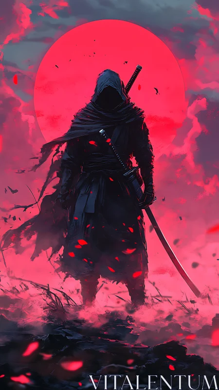 Hooded katana warrior stands before huge red sun.
