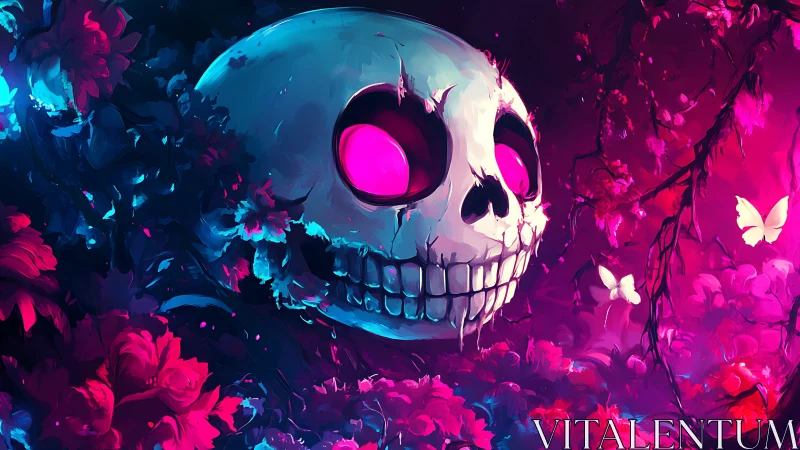 Bioluminescent skull amid neon flora contrasts decay and vitality