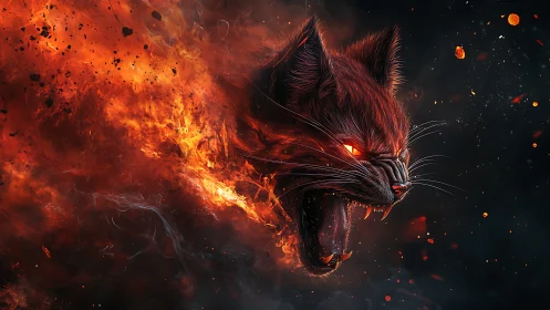 Volumetric inferno cat head with glowing embers and smoke