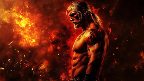 Warrior profile in molten inferno with cinematic rim light.