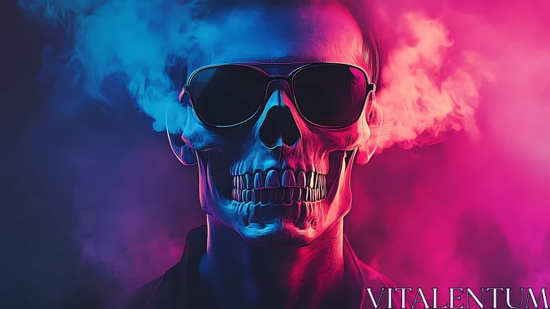 Skull in sunglasses under blue and magenta vapor lighting.