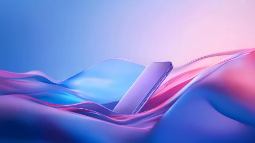 Sleek smartphone floating in abstract pastel waves, digital art.