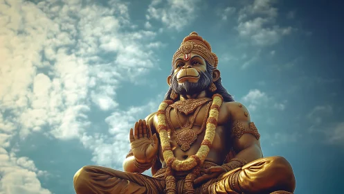 Golden seated monkey-headed deity statue under open sky.