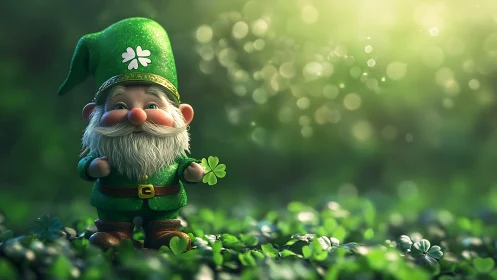 Smiling clover gnome sharing a little moment of luck.