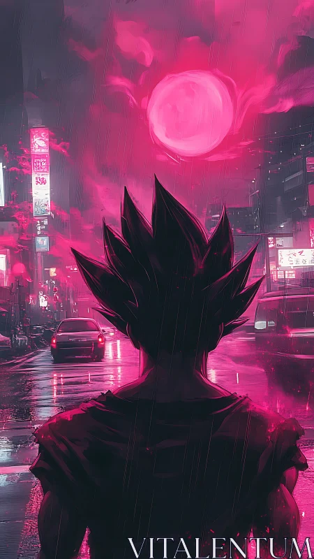 Neon-lit warrior silhouette under crimson cyberpunk moon.