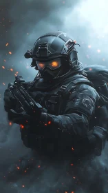 Armored spec ops soldier with glowing visor in smoke