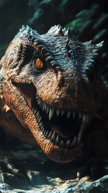 Snarling canyon raptor lunges from shadow and molten light.