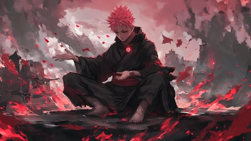 Crimson-haired sorcerer in burning ruinscape meditation.