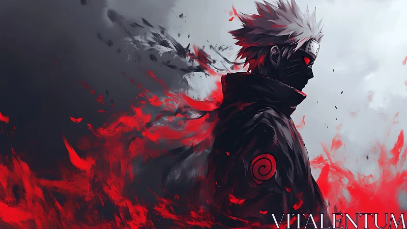 Masked shinobi in crimson chakra storm digital artwork.