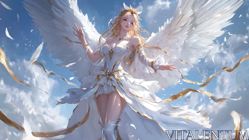Ethereal winged seraph in luminous skyward composition.