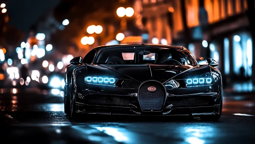 Hypercar front view captures neon-lit urban night reflections