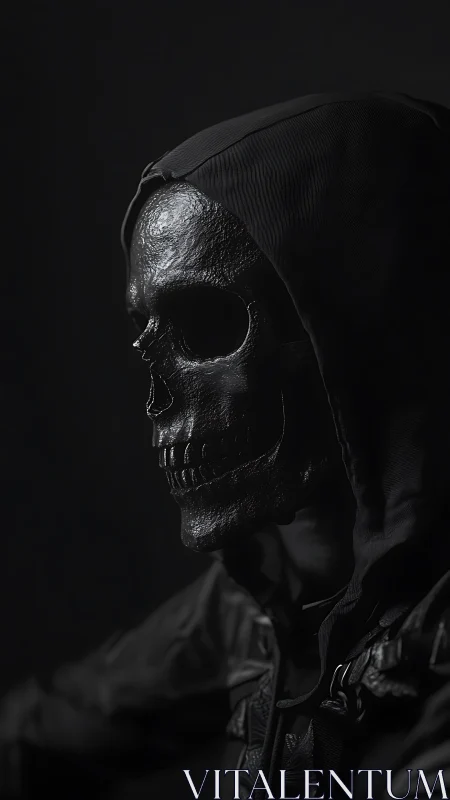 Monochrome hooded skull portrait in dramatic side lighting.