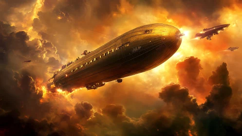 Solarstorm dirigible armada cruising a burning skyward sea.