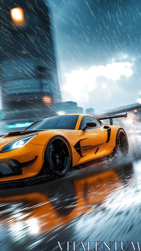 Orange sports car on wet city street under heavy rain.