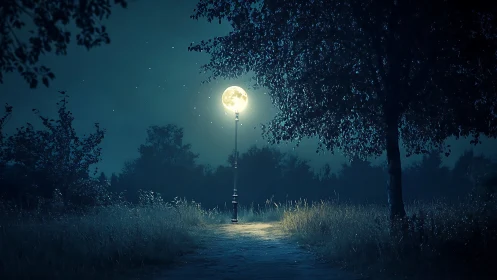 Moonlit lamppost guides a lonely forest path at midnight