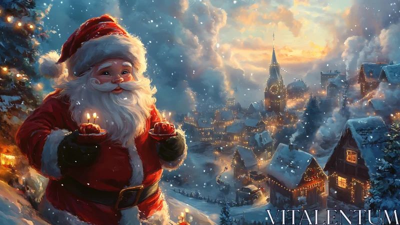 Snowlit Santa offering cupcakes above festive village at dusk.