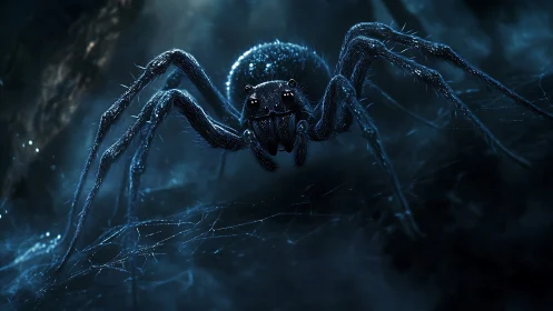 Giant blue spider stalking prey in misty webbed cavern.