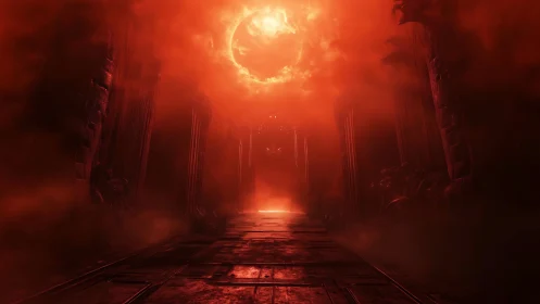 Bloodred eclipse crowns a hellforged corridor of ruin.
