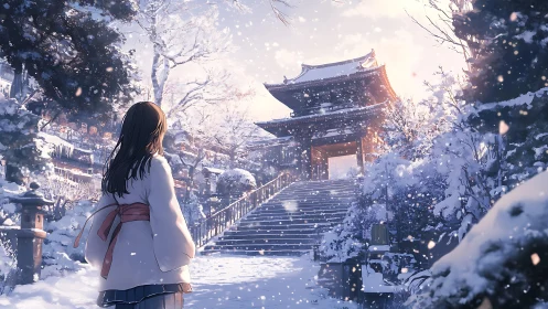 Snowlit shrine doorway waits where quiet footsteps wander