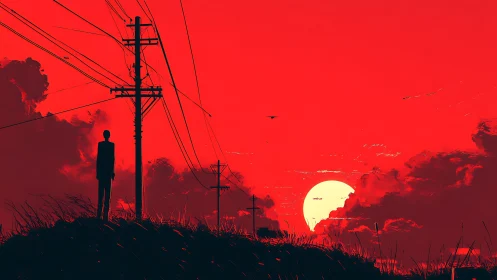 Silhouette figure near power lines at red atmospheric sunset