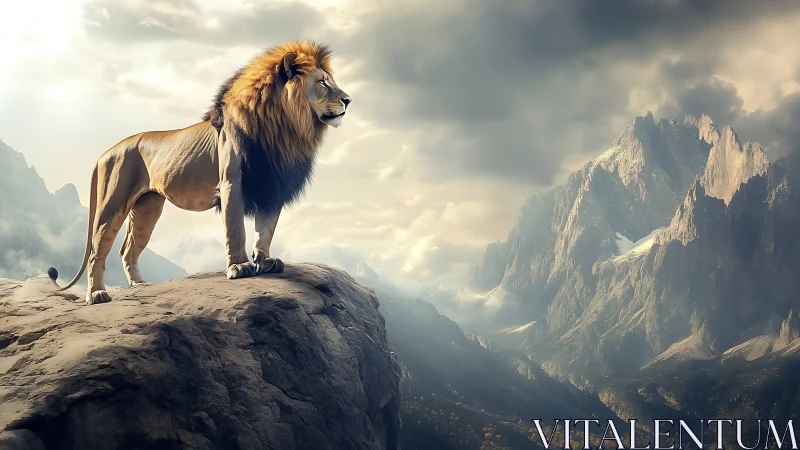 Majestic lion surveys stormlit mountain range in silence