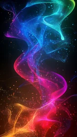 Colored light trails form layered flowing ribbons in darkness