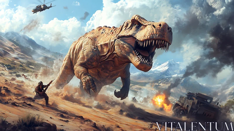 Giant T-Rex rampages through modern desert battlefield scene.