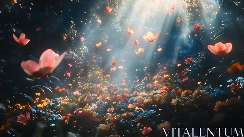 Luminous Garden: Ethereal Floral Particles in Divine Light.
