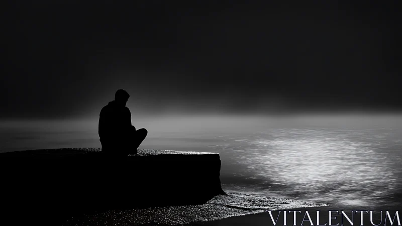 Monochrome coastal silhouette in minimalist low-key composition.