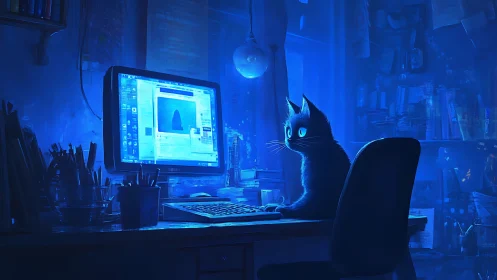 Midnight blue desk dreams with a wide-eyed digital cat.