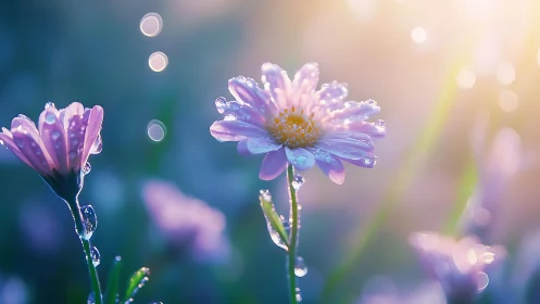 Morning dew kisses gentle purple flowers in soft sunlight.