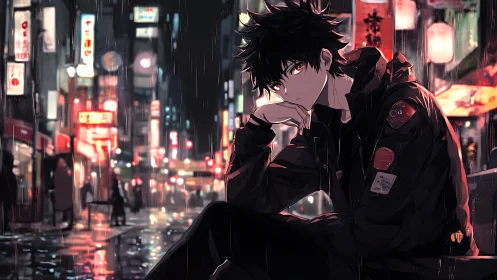 Brooding rain-soaked wanderer in neon-lit midnight cityscape.