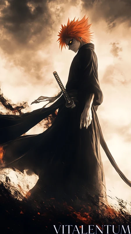 Flame-eyed ronin eclipsed by storm-scorched heavens.