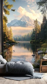 Mountain lake mural transforming serene minimalist bedroom.