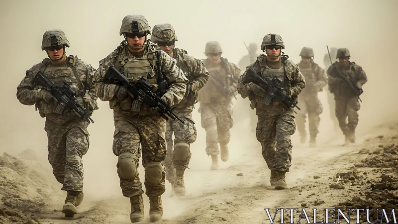 Armed soldiers advance in formation through dusty terrain