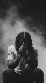 Low-key monochrome portrait of contemplative seated subject.