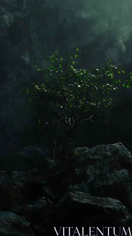 Solitary bonsai on misted cliff under dramatic rim light.