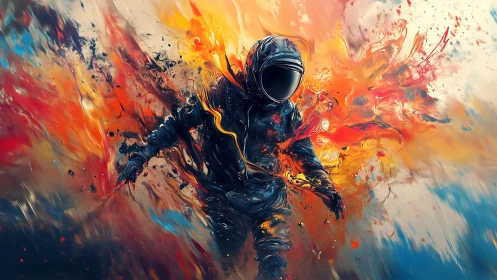 Astronaut figure dissolving into explosive abstract color field.