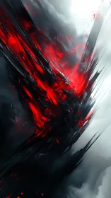 Blazing crimson shards cutting through stormy gray skies.