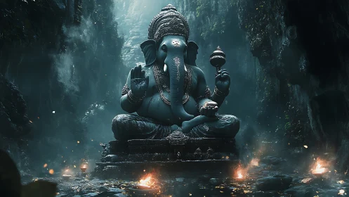 Mystic Ganesha statue glows within a misty jungle cavern