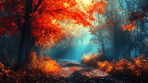 Autumn forest pathway with red foliage and blue atmospheric light
