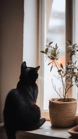 Curious Black Cat Watches Over a Potted Plant by Sunlit Window