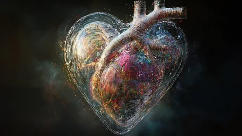 Crystal anatomical heart pulses with swirling cosmic color.