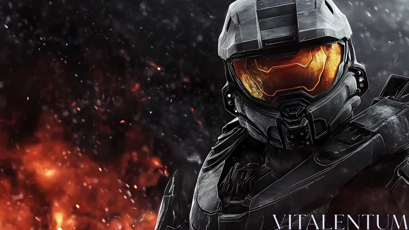 Armored sci fi soldier advances through firestorm battlefield.