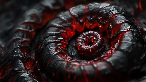 Molten red spiral core in charred organic surface.