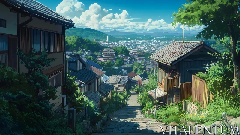 Hillside residential lane overlooking distant urban valley.