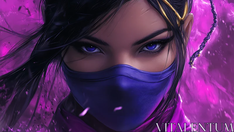 Masked violet-eyed warrior rendered in high-detail digital painting