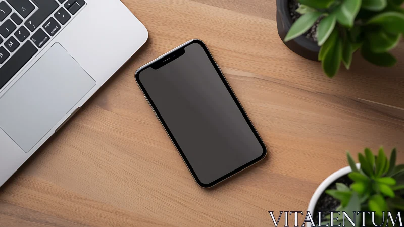Smartphone lies face up on wooden desk beside laptop and plants