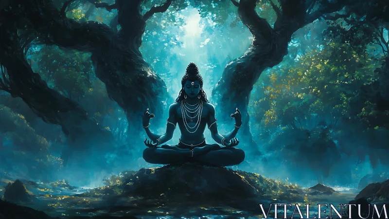 Mystic forest deity in luminous blue meditative stillness.