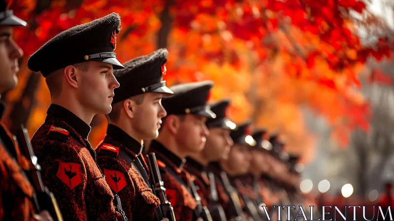 Military honor guard aligned in shallow depth under autumn foliage